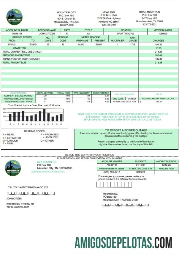 Em branco modelo de conta de serviços públicos da USA Tennessee Mountain Electric Cooperative, Inc. (MEC) em formato Word e PDF